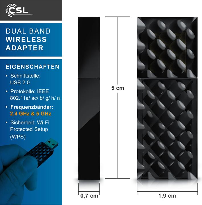 Image du produit CSL Adaptateur WLAN USB, clé USB AC450 WIFI Dual Band, 433 MBit/s, 2.4 GHz / 5 GHz, 802.11ac, WPS (USB 2.0)