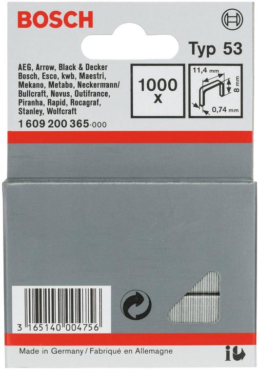 Produktbild Bosch Professional Zubehör Feindrahtklammer Typ 53, 11,4 x 0,74 x 8 mm, 1000er-Pack