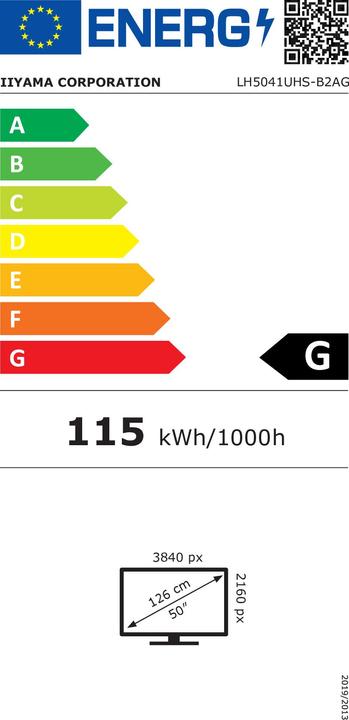 Energielabel iiyama 50" 3840x2160, 4K UHD VA-paneel, 25% Haze (3840 x 2160 Pixels, 50")