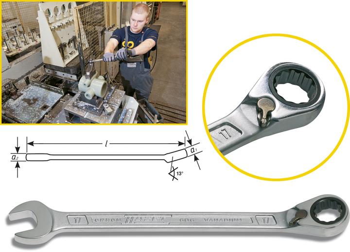 Immagine prodotto HAZET Chiave combinata a forchetta/ad anello con cricchetto 606-15 ∙ Profilo trazione doppio esagon… (15 mm)