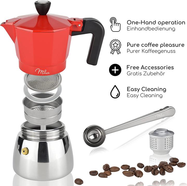 Actual product image Milu Espresso Maker Induction Suitable Red 3 Cups 150ml (3 T.)