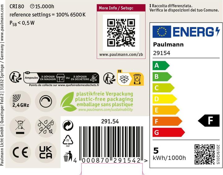 Energielabel Paulmann Tropfen Zigbee Filament (E14, 5 W, 470 lm, 1 x, F)