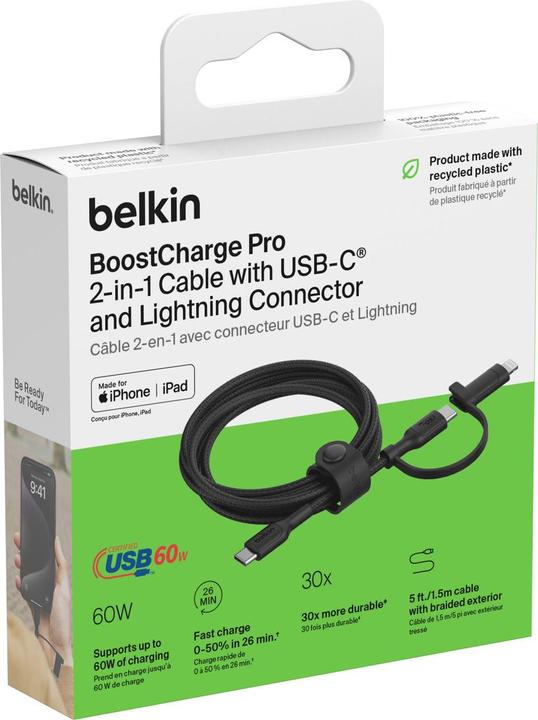 Actual product image Belkin BOOST CHARGE 2-in-1 cable USB-C/Lig.1.5m sw.CAC003hq1.5MWH (1.50 m, USB 2.0)