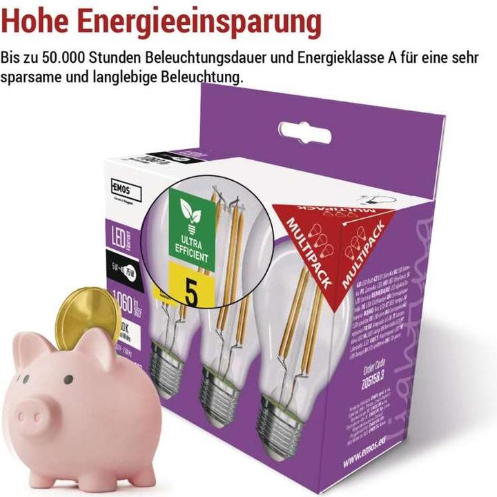 Produktbild Emos LED Lampe Filament A60 / E27 / 5 W (75 W) / 1 060 lm / Neutralweiss (E27, 5 W, 1060 lm, 3 x, A)