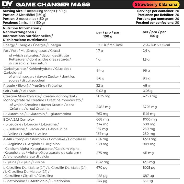Valori nutrizionali e ingredienti DY Nutrition Cambiamento di massa (Fragola e banana, 3000 g)