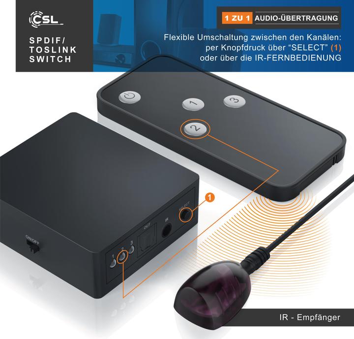 Actual product image CSL 3x1 SPDIF Switch, Audio Switch with Remote Control, 3x Toslin to 1x Toslink