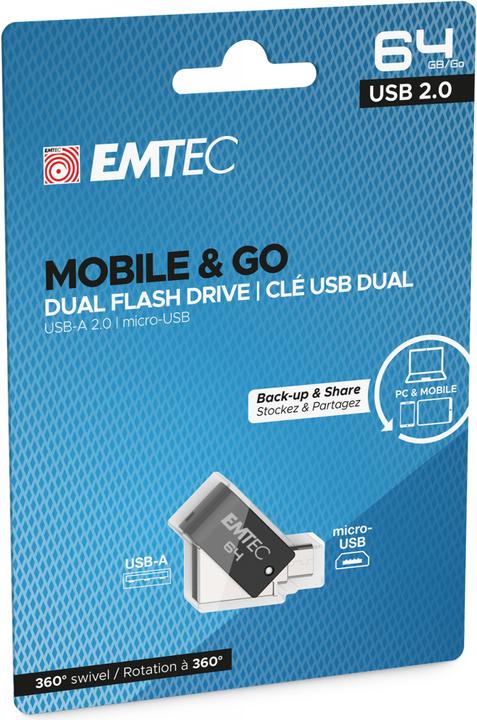 Actual product image Emtec Dual USB2.0 micro-USB T260 64GB (64 GB, Micro USB, USB-A, USB 2.0)