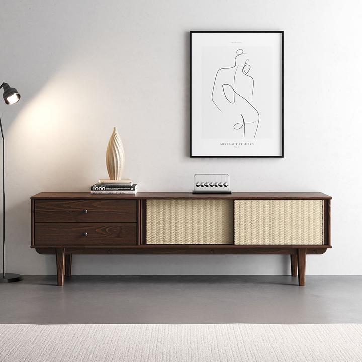 Image du produit IDIMEX Lowboard SIMONA aus Kiefer Massivholz mit Rattangeflecht – Nussbaumoptik