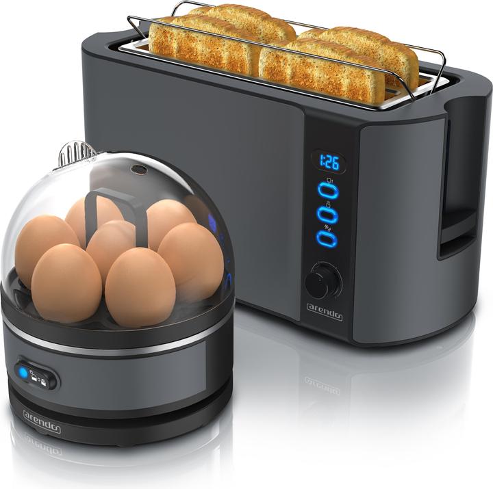 Actual product image Arendo Breakfast set, 4 slice long slot toaster with bread roll top & egg boiler for 7 eggs, grey