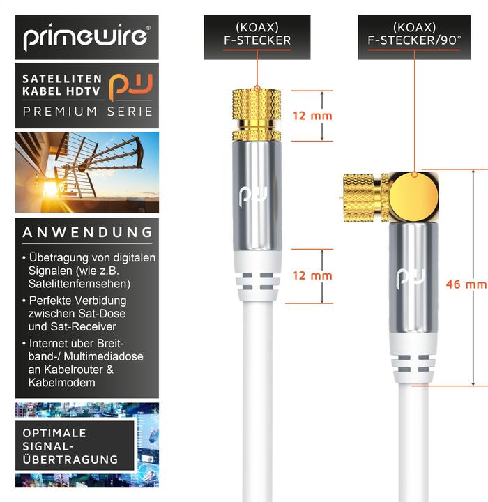 Actual product image Primewire SAT cable HDTV 90° angled - Premium SAT coaxial cable - TV Radio DVB-T DVB-C - 4-fold shielding (135 dB, Satellite cable)
