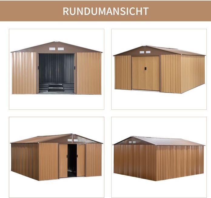 Produktbild Swisshandel24 Gerätehaus mit Bodenplatte Geräteschuppen Gartenhaus Garten Schuppen Metall Braun 340 x 386 x 200 cm