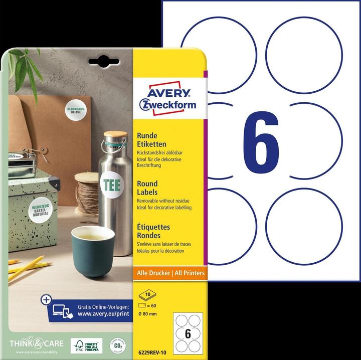 Produktbild Avery Zweckform Kennzeichnungsetiketten, Durchmesser: 80 mm weiss, rund, wiederverwendbar, Papier blanko