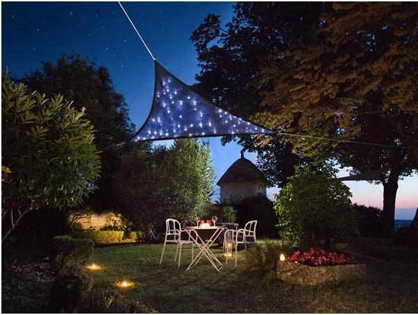 Produktbild Perel SONNENSEGEL MIT LED-STERNENHIMMEL - DREIECKIG - 3.6 x 3.6 x 3.6 m - DUNKELBLAU (3.6 x 3.6 x 3.6 m)