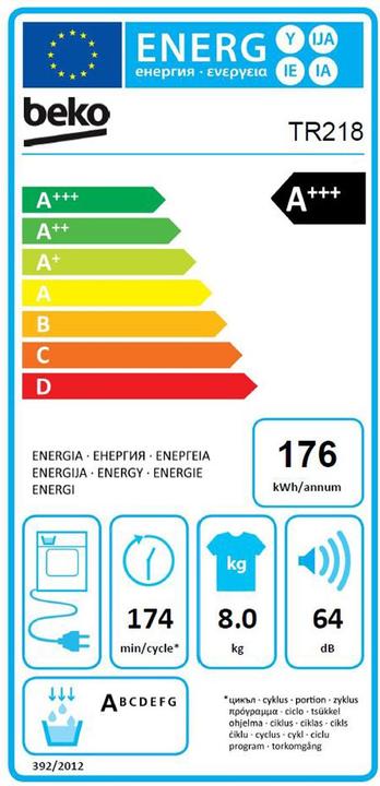 Label énergétique Beko Wäschetrockner TR218 (8 kg, Droite)