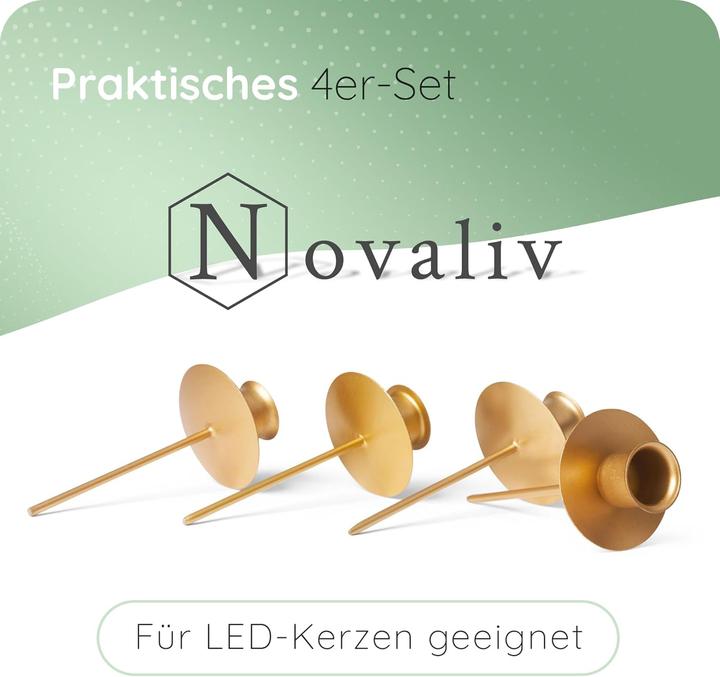 Produktbild Novaliv 4x Stabkerzenhalter Weihnachtskranz GOLD Kerzenpick Kerzenständer für Stabkerzen Kerzentülle