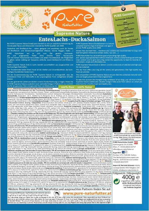 Nutritional values and ingredients Pure Naturfutter Supreme Duck & Salmon - gluten-free (Senior, Adult, Junior, 1 pcs., 400 g)