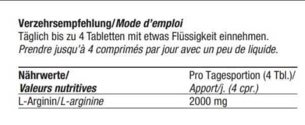 Nährwerte und Zutaten Burgerstein L-Arginin (100 Stück, Tabletten, 200 g)
