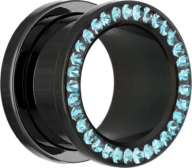 Image du produit Star Piercing Flesh Tunnel noir avec cristal aqua et couche de protection en époxy (sans laiton, Acier chirurgical 316L)