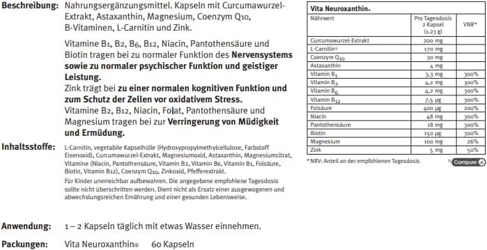 Nährwerte und Zutaten Vita Neuroxanthin (60 Stück, Kapseln, 186 g)