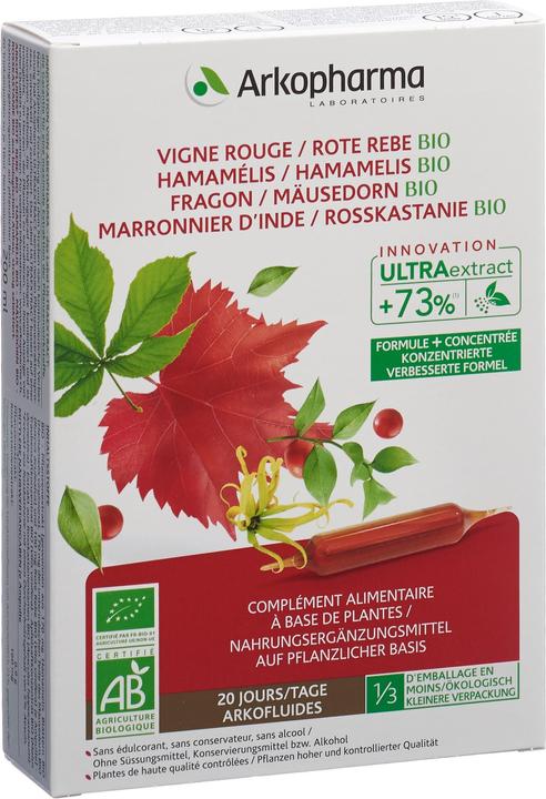 Actual product image Arkopharma Arkofluide Bio Rote Rebe Hamamelis Mäusedorn Rosskastanie (20 Piece, Ampoule, 367 g)