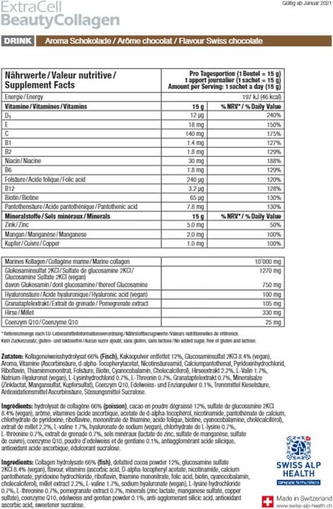 Nährwerte und Zutaten Swiss Alp Health ExtraCell BeautyCollagen (20 Stück, Pulver, Beutel, 360 g)