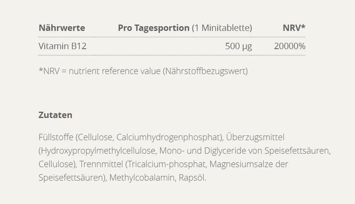 Valori nutrizionali e ingredienti Burgerstein Aumento della vitamina B12 (100 Pezzo/i, Pillole, 27 g)