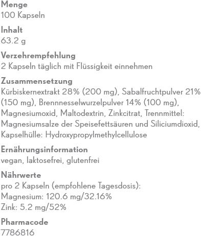 Nutritional values and ingredients Phytopharma Kürbis Sabal Brennnessel Kapsel (100 Piece, Capsules, 114 g)