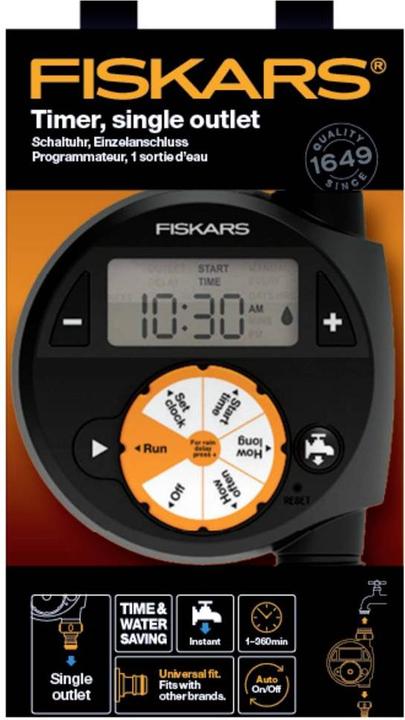 Immagine prodotto Fiskars Timer/timer con 1 uscita, Per tutte le dimensioni di rubinetto più comuni, LCD di facile lettura (Tubo di gocciolamento + tubo di gocciolamento)
