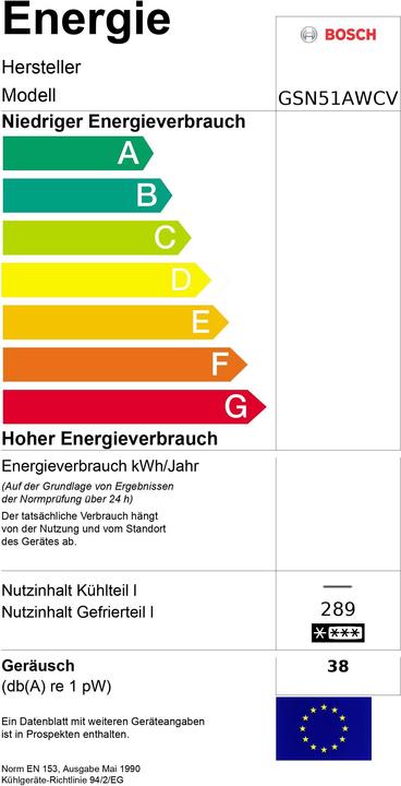 Etichetta energetica Bosch Hausgeräte GSN51AWCV (Struttura autonoma, 290 l)