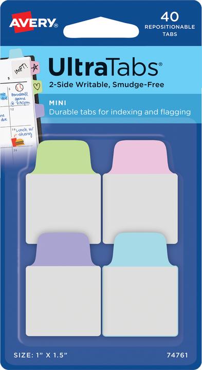 Produktbild Avery Zweckform Haftstreifen UltraTabs Pastell, 25,4 x 38 mm beschreibbare Taben, aus Polyester, papierbe