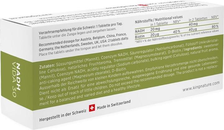 Nährwerte und Zutaten Kingnature NADH Vida Tablette 20 mg (30 Stück, Tabletten, 21 g)