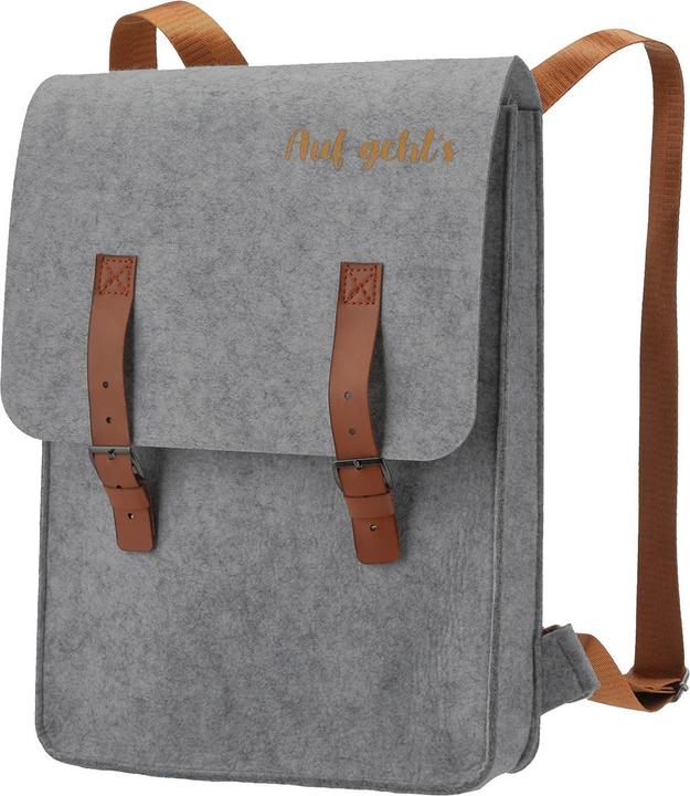 Actual product image Casativo Felt backpack with inscription auf geht's and fastening buckles, grey, 27.5 x 36 cm