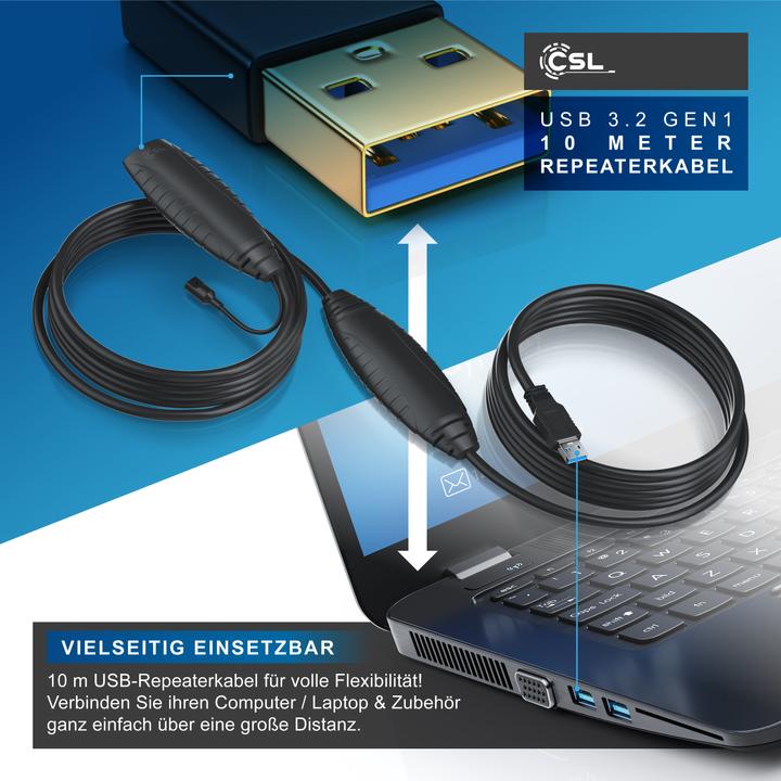 Produktbild CSL USB 3.2 Gen 1 Repeaterkabel, Verlängerungskabel aktiv, Repeater Verlängerung, Verstärker Kabel (10 m, USB 3.2 Gen 1)