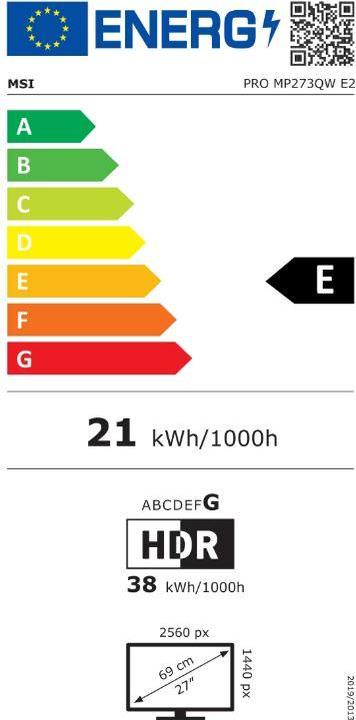 Etichetta energetica MSI PRO MP273QWDE E2 Monitor per ufficio - Pannello IPS, 100Hz Bianco, 1ms(MPRT) Tempo di risposta (2560 x 1440 pixel, 27")