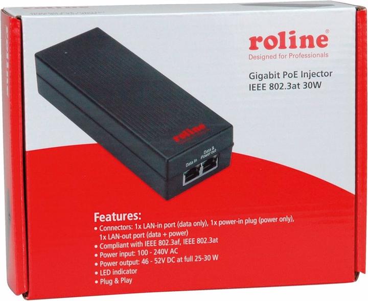 Produktbild Roline Gigabit Ethernet PoE Injektor (802.3at (PoE+), 802.3af (PoE), 30 W)