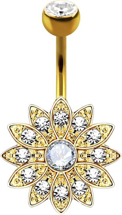 Image du produit Star Piercing Banane plaquée or 14k avec boule de cristal argenté Fleur argentée avec petits cristaux (Acier chirurgical 316L, Laiton)