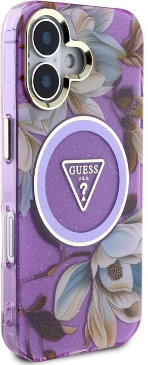 Immagine prodotto Guess Glitter Flowers Triangle Buttons MagSafe Case for iPhone 16 Purple (Apple iPhone 16)