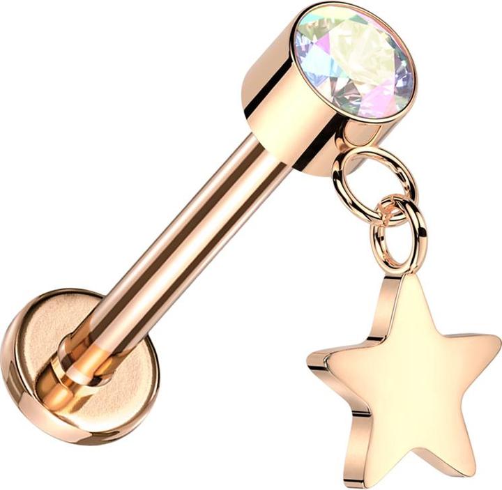 Produktbild Star Piercing Micro Threadless Labret rosegold Zylinder rosegold Kristall multicolor Anhänger Stern rosegold (Titan G23, ohne Messing)