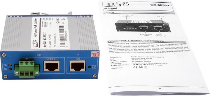Immagine prodotto Exsys Splitter industriale PoE++ Gigabit 36W (Splitter PoE)