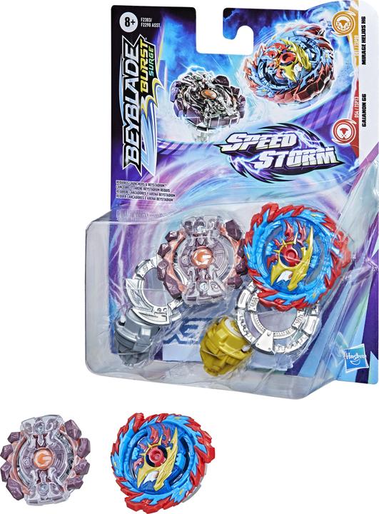 Actual product image Hasbro eyblade Burst Surge Speedstorm Mirage Helios H6 und Gaianon G7 (English, French, German, Italian)