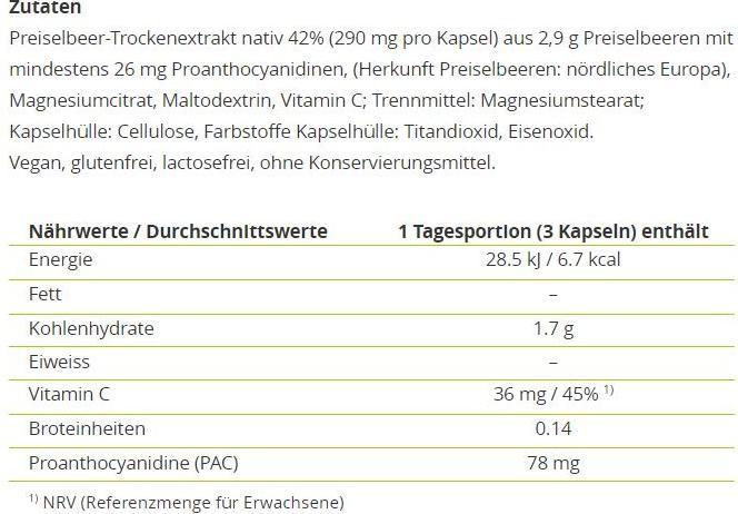 Nährwerte und Zutaten Alpinamed Preiselbeer Kapseln (1 Stück, Kapseln, 120 g)