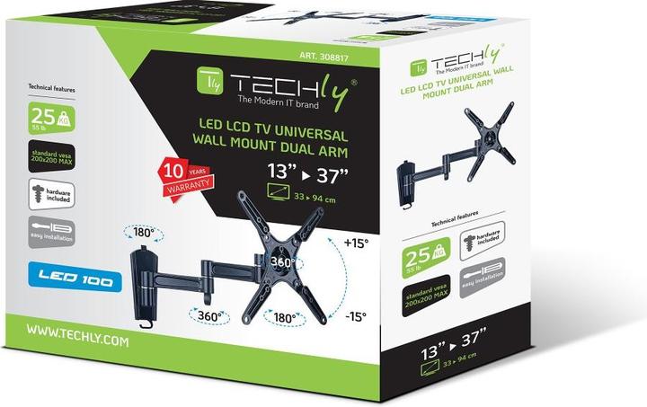Produktbild Techly Befestigungskit (Wandplatte, 3 Gelenke, Halterung für Display) - für Flachbildsc (Wand, 37", 25 kg)