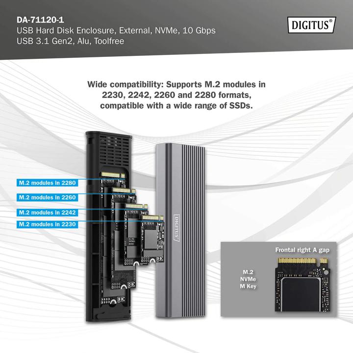 Productafbeelding Digitus USB M.2 voor harde schijf, SSD, extern, NVMe, 10Gbps, USB 3.1 Gen2, aluminium, zonder gereedschap (M.2 2242, M.2 2260, M.2 2280, M.2 2230)