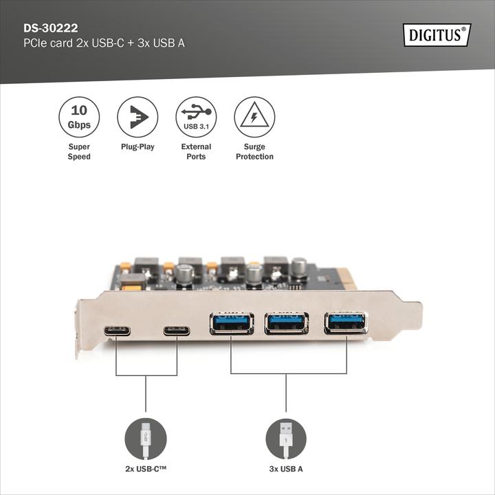 Image du produit Digitus Carte PCIe, 2x USB-C + 3x USB A