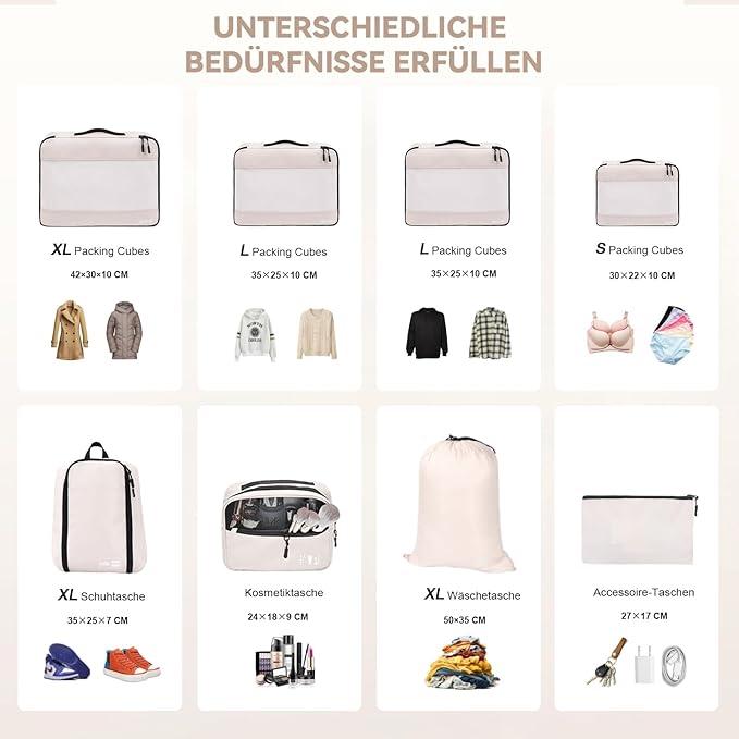 Image du produit Only-Bags.Store Jeu de 8 cubes de rangement - Organisateur de bagages en polyester de haute qualité avec poches