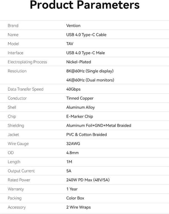 Nährwerte und Zutaten Vention USB C — USB C (1 m, USB 4.0)