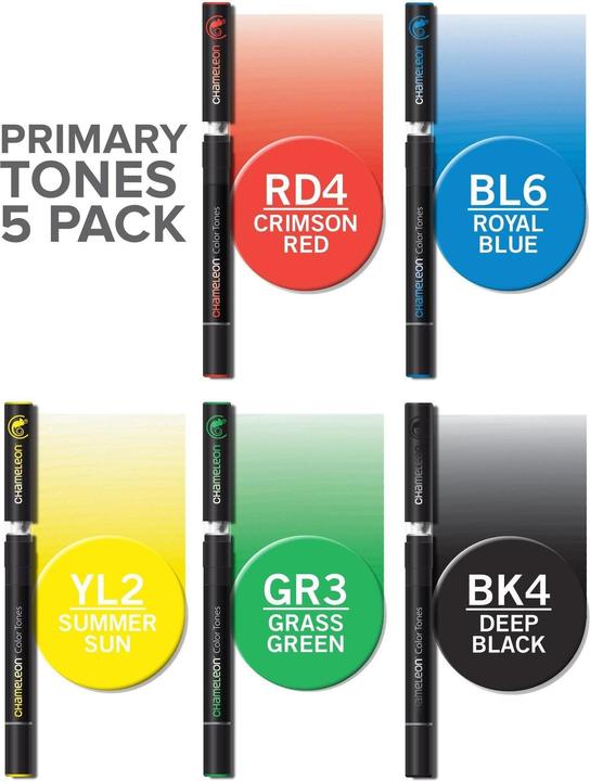 Actual product image Chameleon Watercolour Brushpens primary colours, 5 pieces (Yellow, Green, Blue, Black, Red, 5 x)