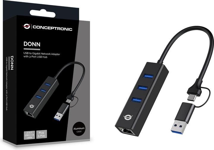 Immagine prodotto Conceptronic Adattatore USB3.0-> RJ45,3xUSB3.0,TypeC Ad 0,15m bw (USB-A, USB-C, 3 Porti)