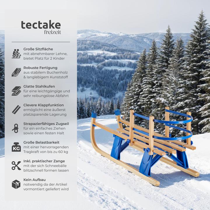 Produktbild tectake Holzschlitten Vivian, klappbar mit Rückenlehne und Zugseil