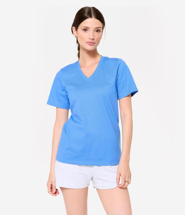 Domyos T-Shirt Damen V-Ausschnitt Baumwolle - blau